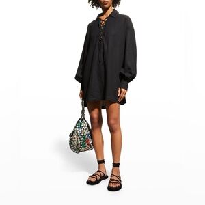 NWT We Wore What black linen blend lace up Lagrange dress coverup long sleeve M